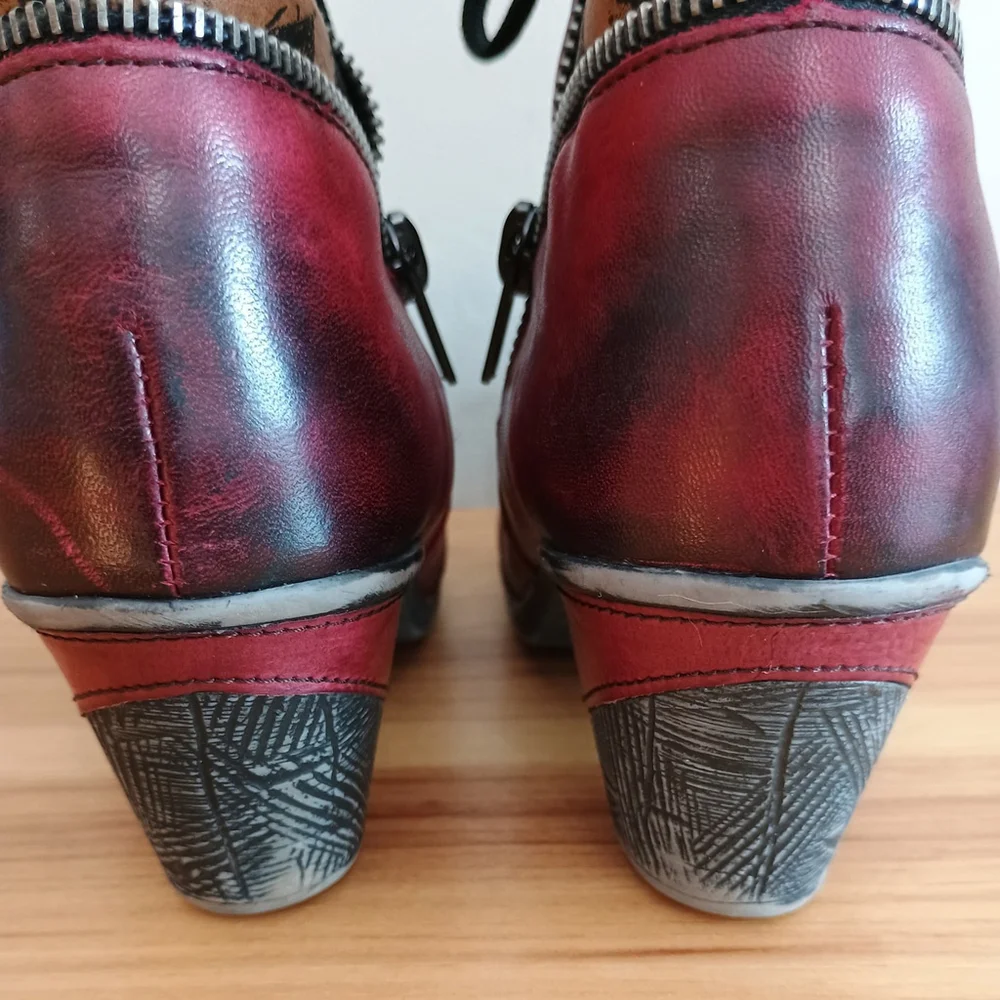 Remonte Dorndorf Red Heeled Leather Lace up Booties Boots Side Zip Womens 37